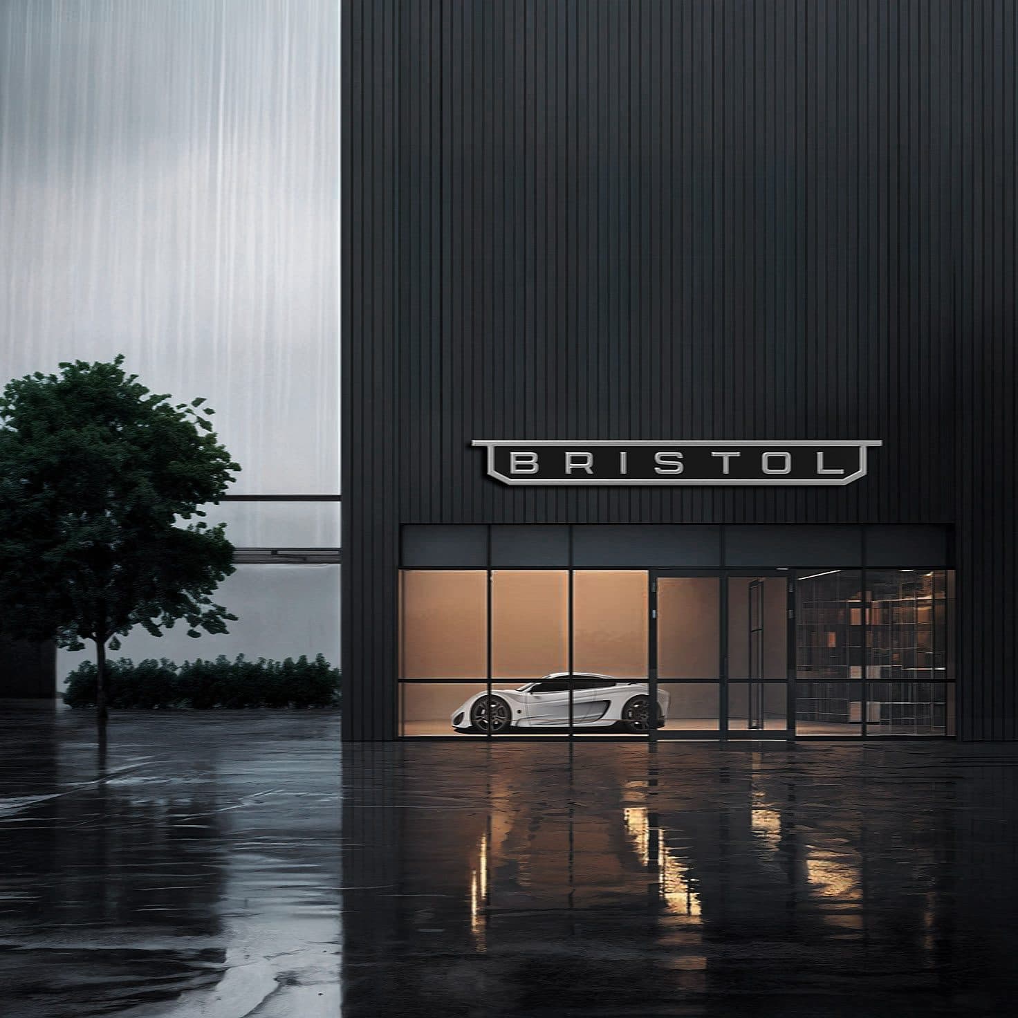 Design visualisation of a Bristol showroom at night with the wordmark above its glazing
