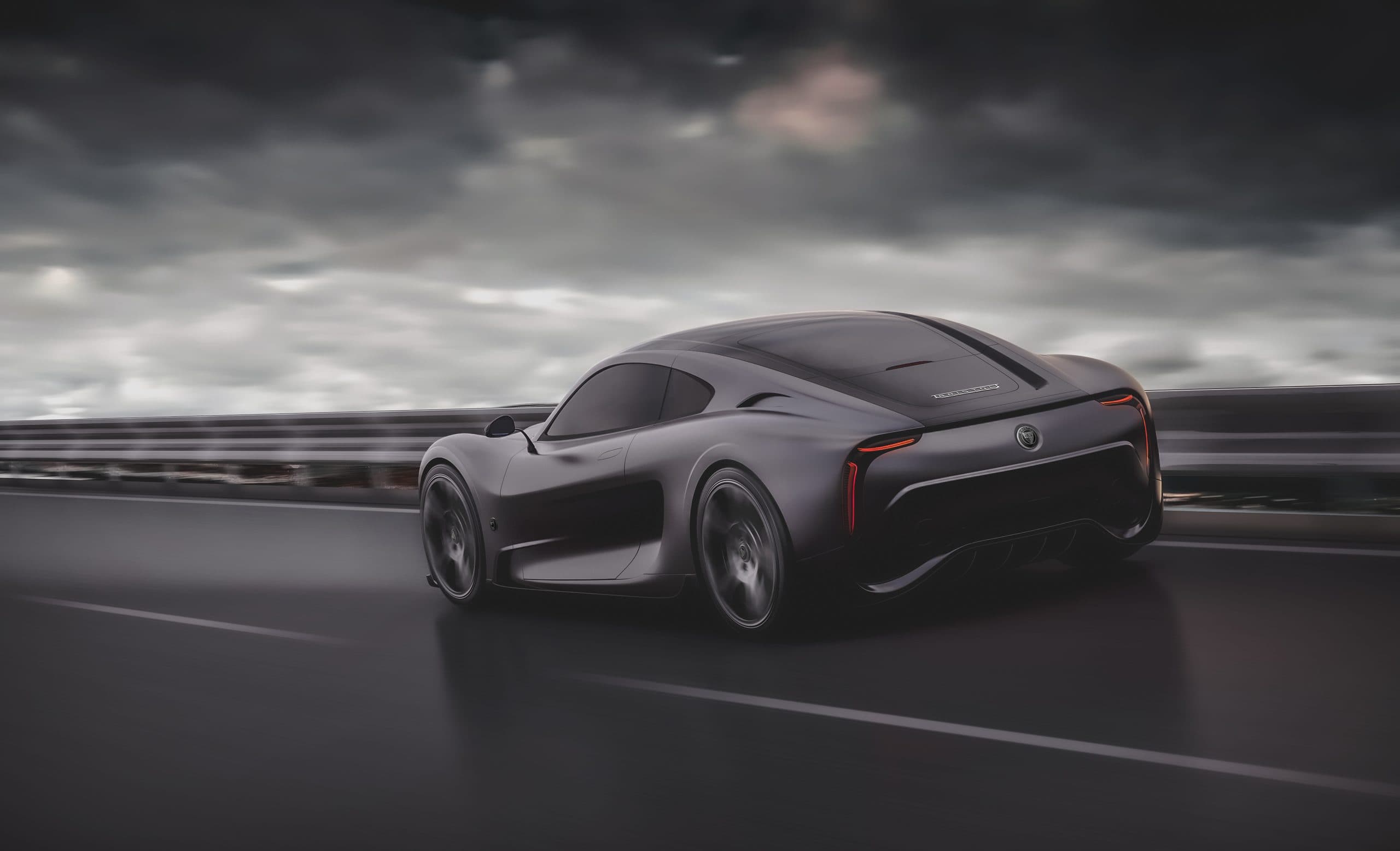 Design visualisation of a future Bristol motor car on an open road beneath a storm sky