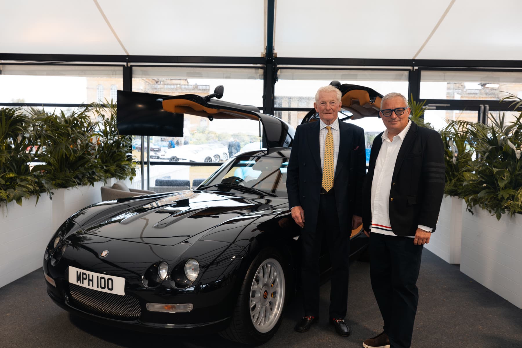 The Bristol Cars stand in The Gallery at Salon Privé 2026, with the completed black Fighter